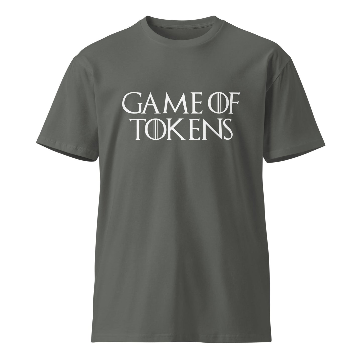 Product mockup photo of the Premium Game of Tokens T Shirt (unisex) Charcoal / M.