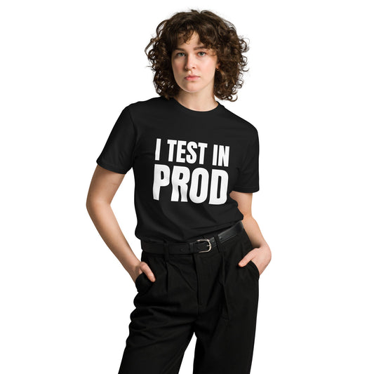 Product mockup photo of the Premium I Test in Prod T Shirt (unisex).