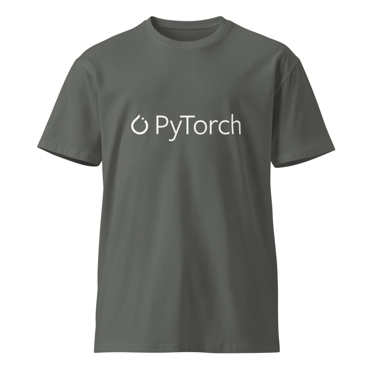 Product mockup photo of the Premium PyTorch White Logo T Shirt (unisex) Charcoal / M.