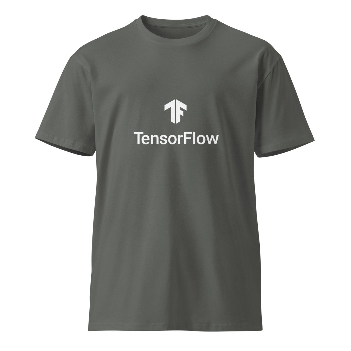 Product mockup photo of the Premium TensorFlow 2 White Stacked Logo T Shirt (unisex) Charcoal / M.