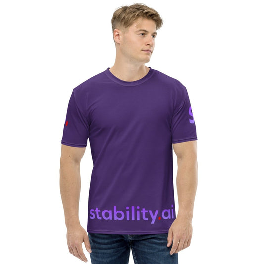 Product mockup photo of the Purple Stability AI T Shirt (unisex).