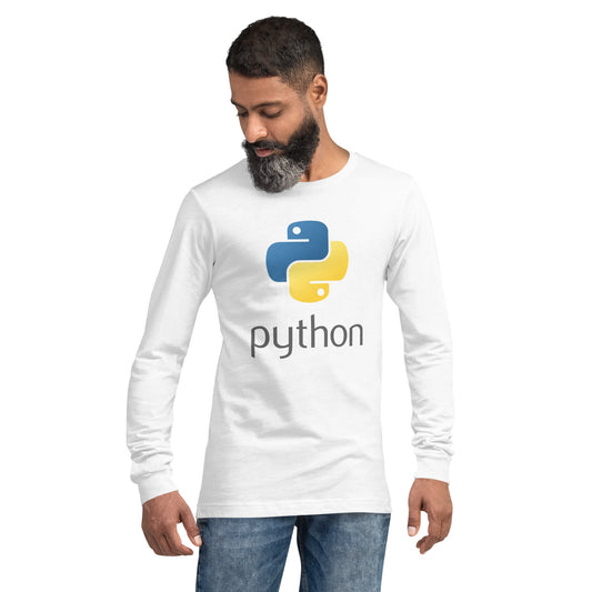 Product mockup photo of the Python Stacked Logo Long Sleeve T Shirt (unisex).