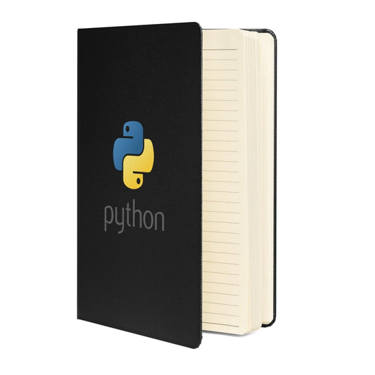Product mockup photo of the Python Stacked Logo on Hardcover Bound Notebook.