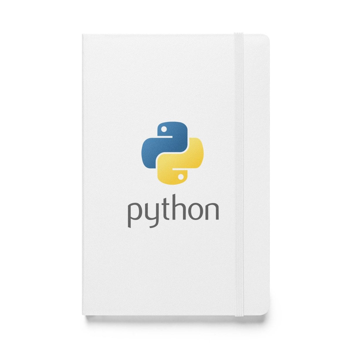 Product mockup photo of the Python Stacked Logo on Hardcover Bound Notebook White.