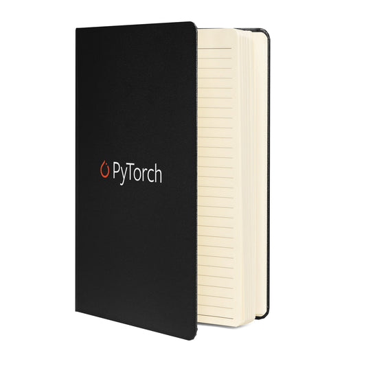 Product mockup photo of the PyTorch Logo Hardcover Bound Notebook.