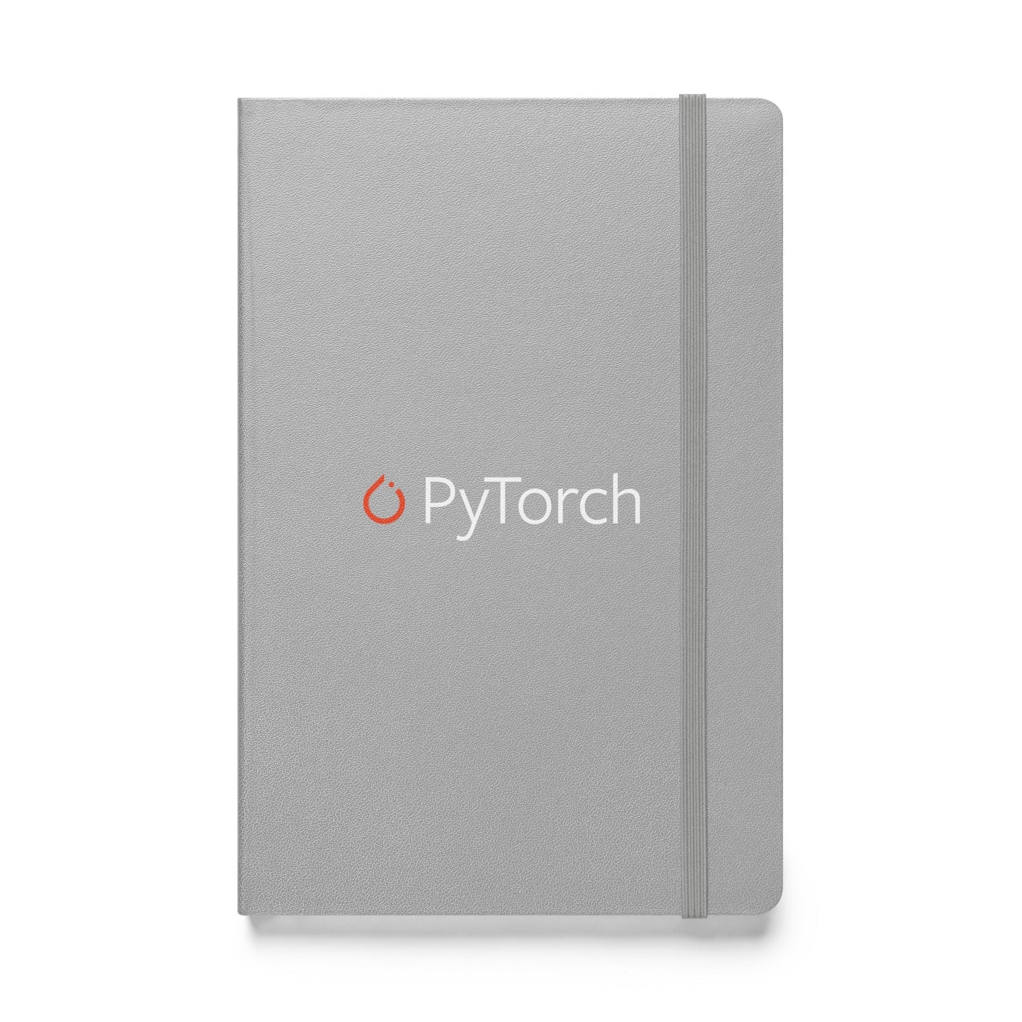 Product mockup photo of the PyTorch Logo Hardcover Bound Notebook Silver.