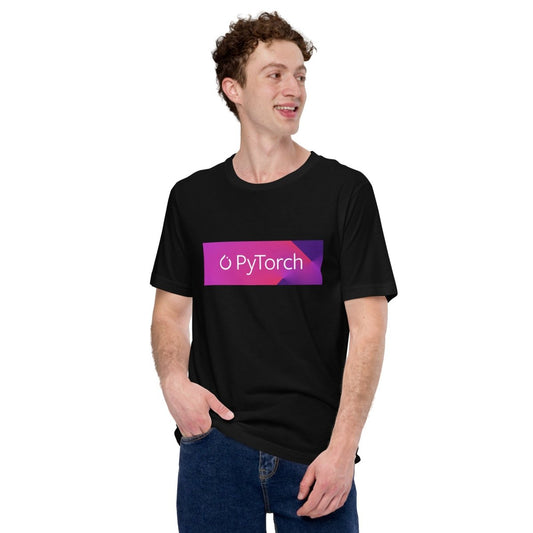 Product mockup photo of the PyTorch White Logo Box T Shirt (unisex).