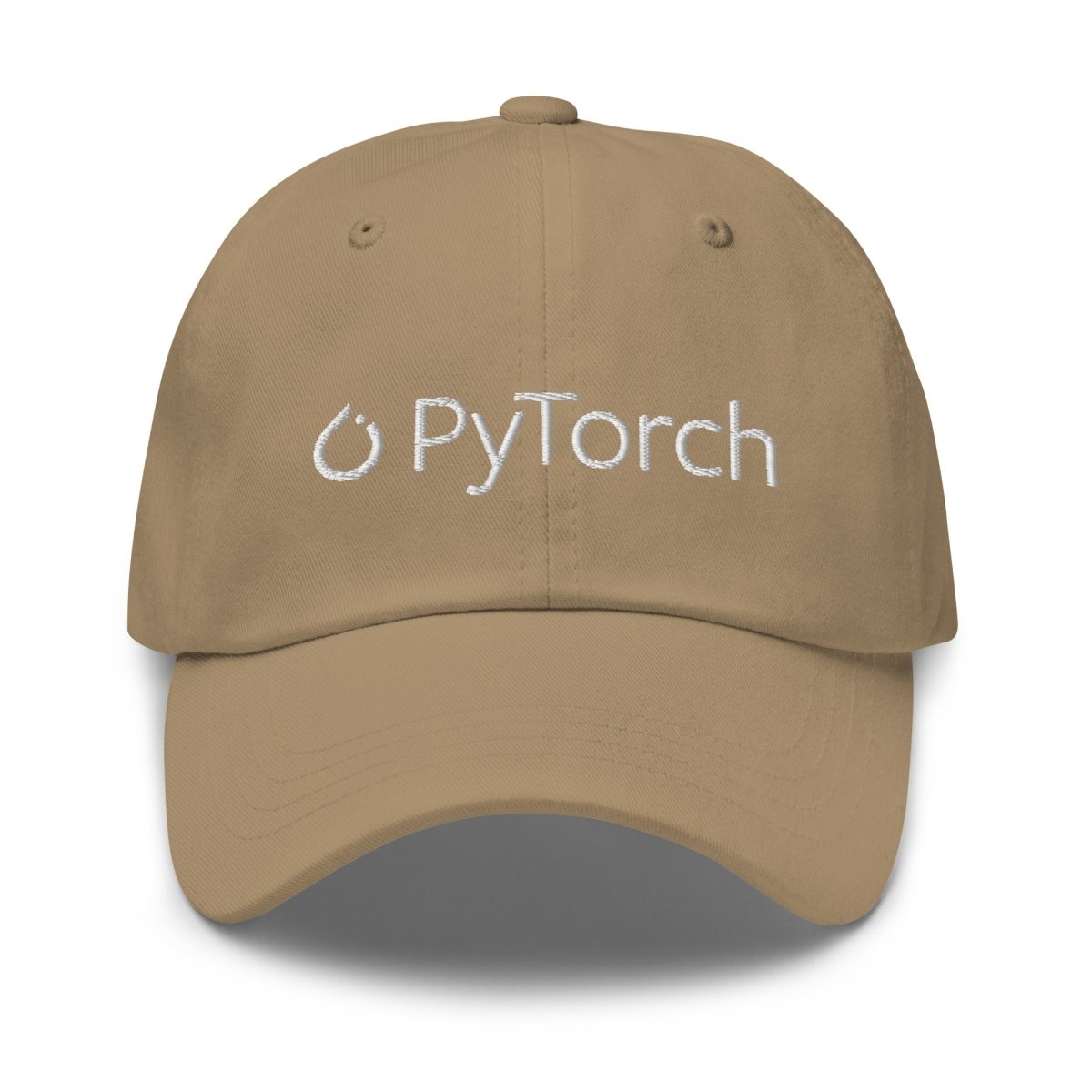 Product mockup photo of the PyTorch White Logo Cap Khaki.