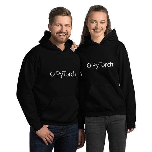 Product mockup photo of the PyTorch White Logo Hoodie (unisex).