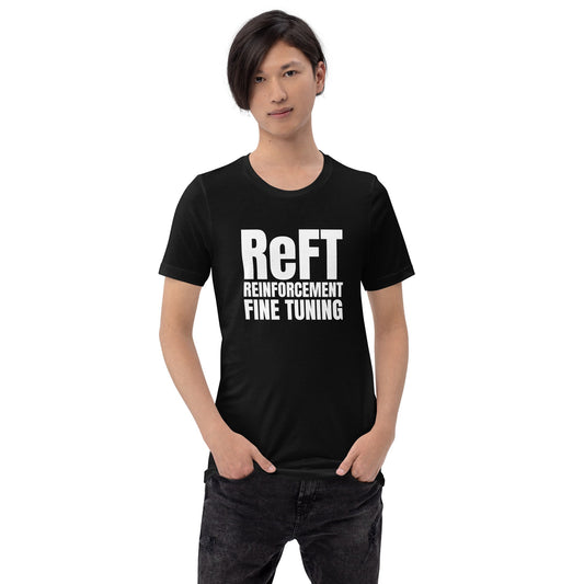 Product mockup photo of the ReFT Reinforcement Fine Tuning T Shirt 2 (unisex).