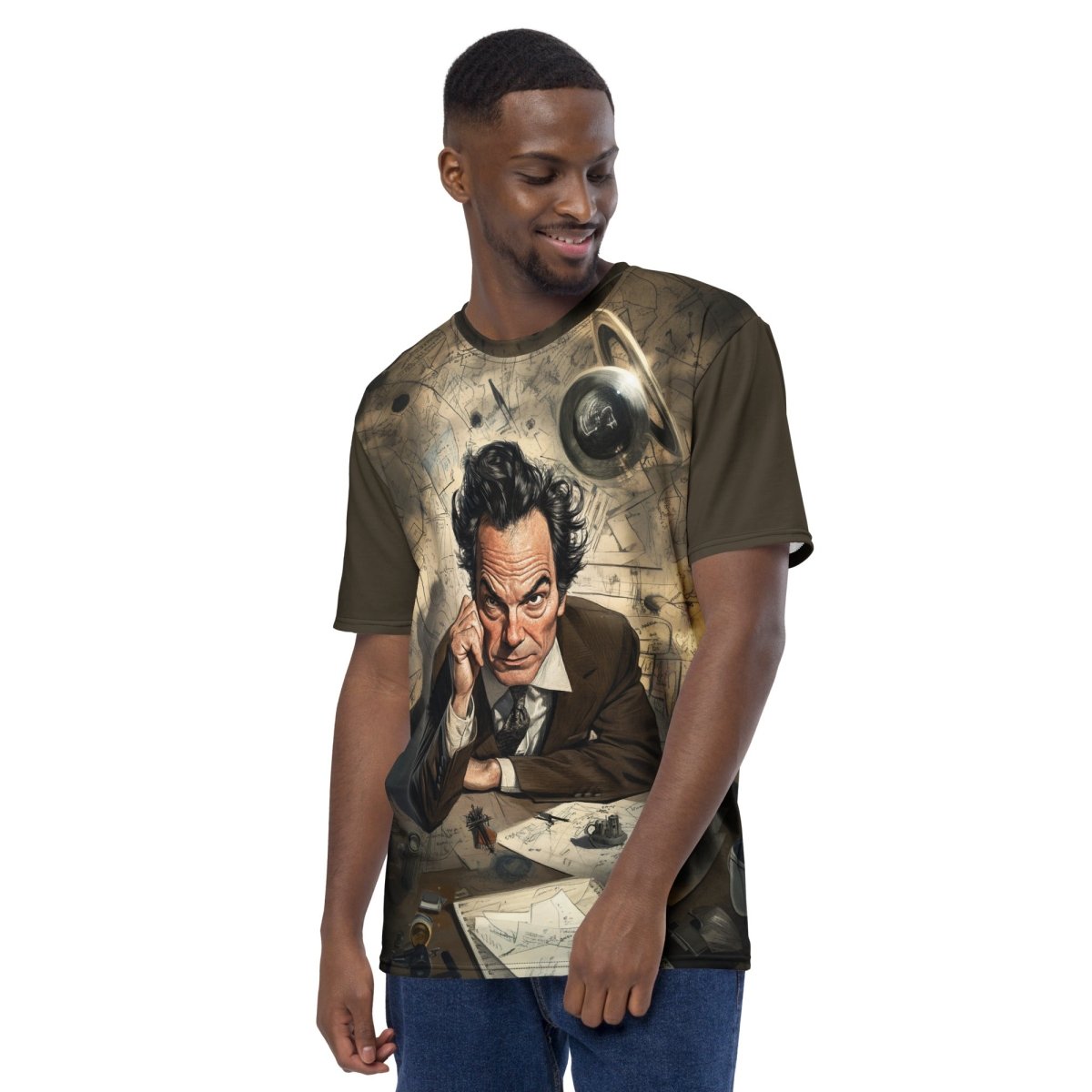 Product mockup photo of the Richard Feynman Cartoon T Shirt (men).