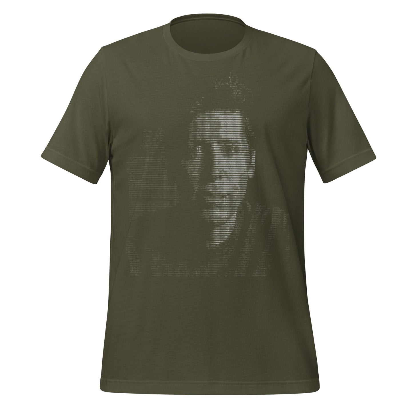 Product mockup photo of the Sam Altman ASCII Art T Shirt (unisex) Military Green / M.