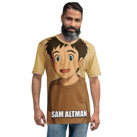 Product mockup photo of the Sam Altman Ghibli Meme T Shirt (men).