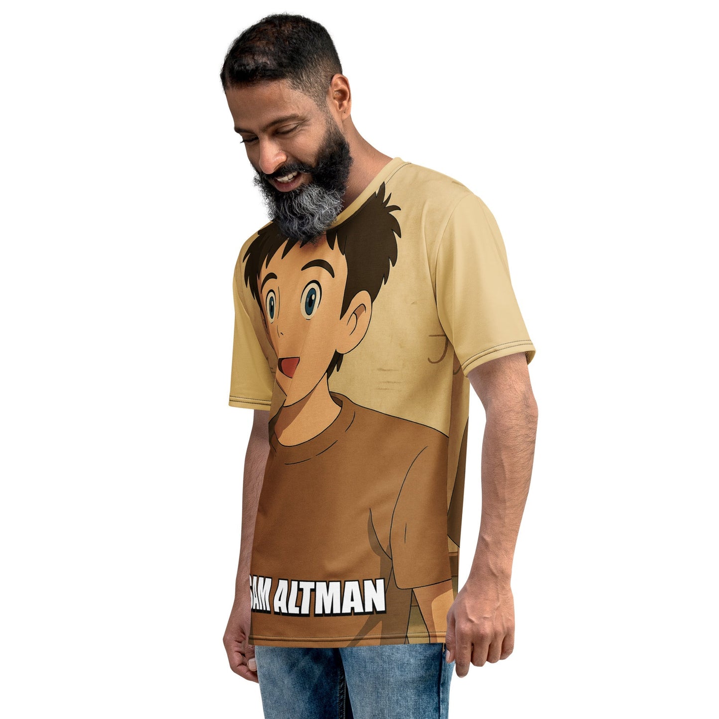 Product mockup photo of the Sam Altman Ghibli Meme T Shirt (men).