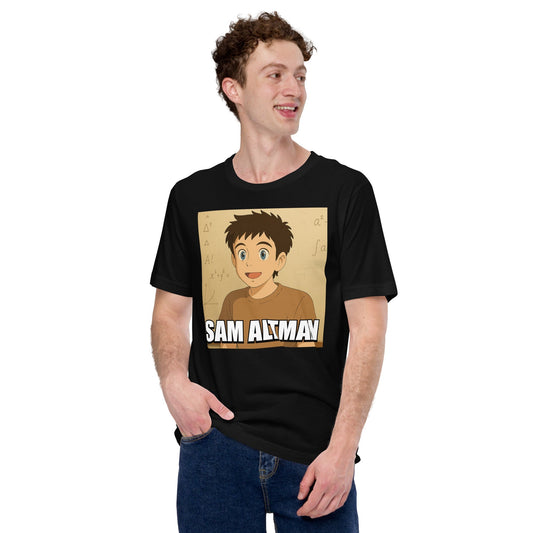 Product mockup photo of the Sam Altman Ghibli Meme T Shirt (unisex).