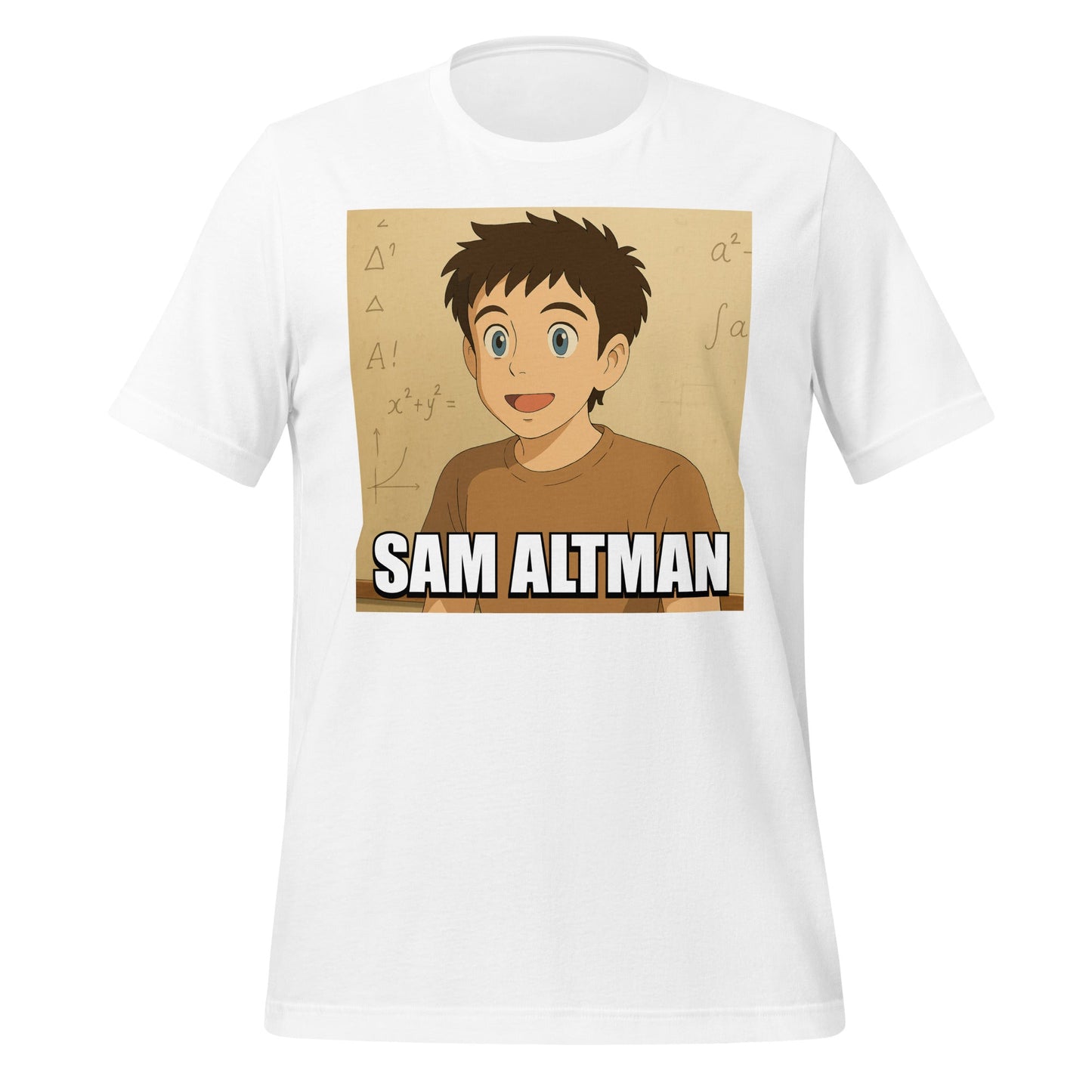 Product mockup photo of the Sam Altman Ghibli Meme T Shirt (unisex) White / M.