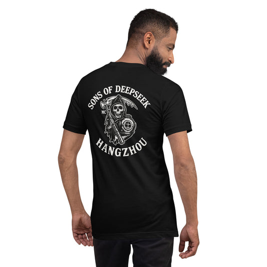 Product mockup photo of the SONS OF DEEPSEEK HANGZHOU Biker Patch on Back T Shirt (unisex).