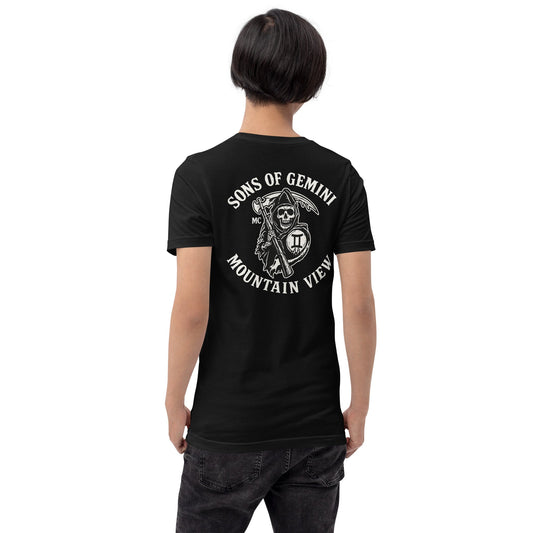 Product mockup photo of the SONS OF GEMINI MOUNTAIN VIEW Biker Patch on Back T Shirt (unisex).