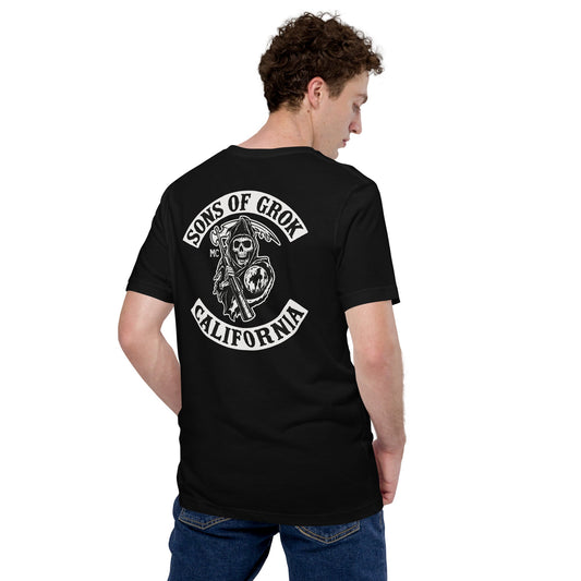 Product mockup photo of the SONS OF GROK CALIFORNIA Biker Patch on Back T Shirt (unisex).