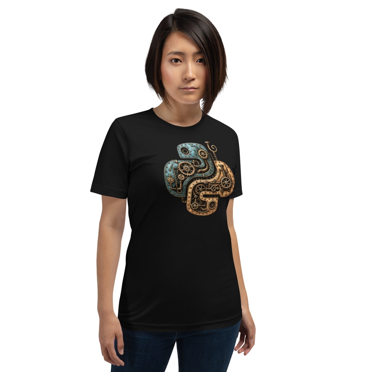 Product mockup photo of the Steampunk Python T Shirt (unisex).
