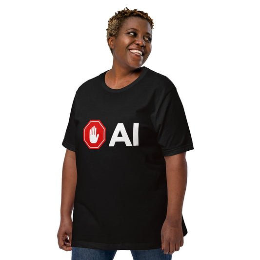 Product mockup photo of the Stop AI Hand T Shirt (unisex).