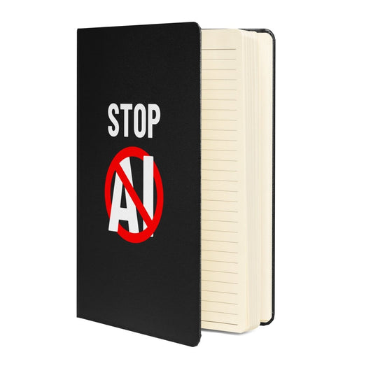 Product mockup photo of the Stop AI Hardcover Bound Notebook 2.