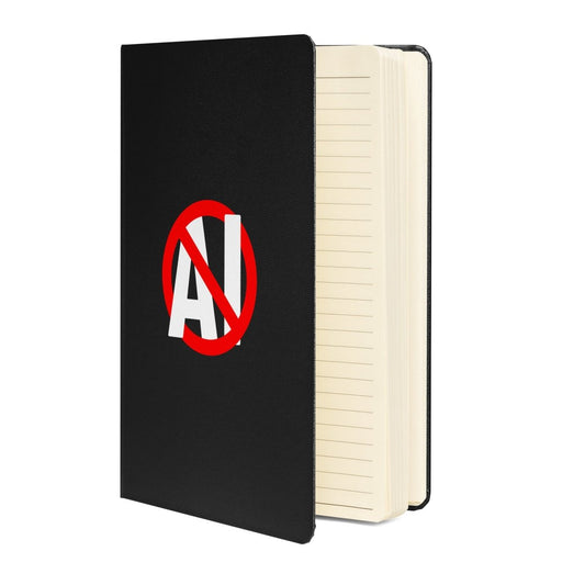 Product mockup photo of the Stop AI Hardcover Bound Notebook.