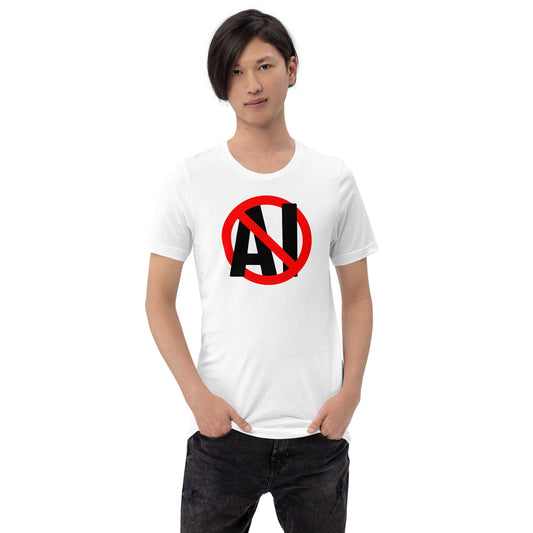 Mockup image of the Stop AI in Black T Shirt (unisex).