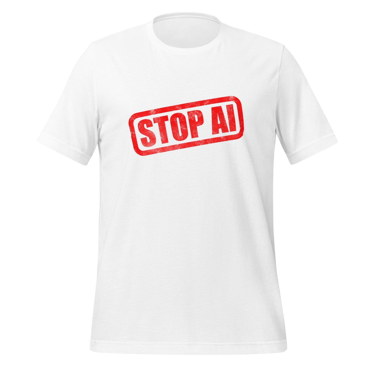 Product mockup photo of the STOP AI Stamp T Shirt (unisex) White / M.