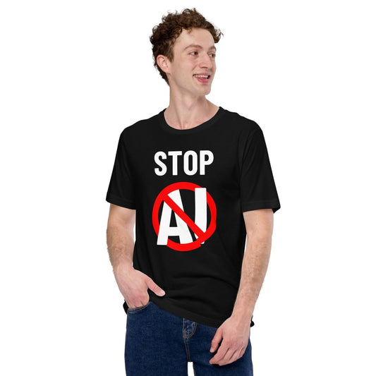 Product mockup photo of the Stop AI T Shirt 2 (unisex).