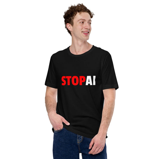 Product mockup photo of the Stop AI T Shirt 3 (unisex).
