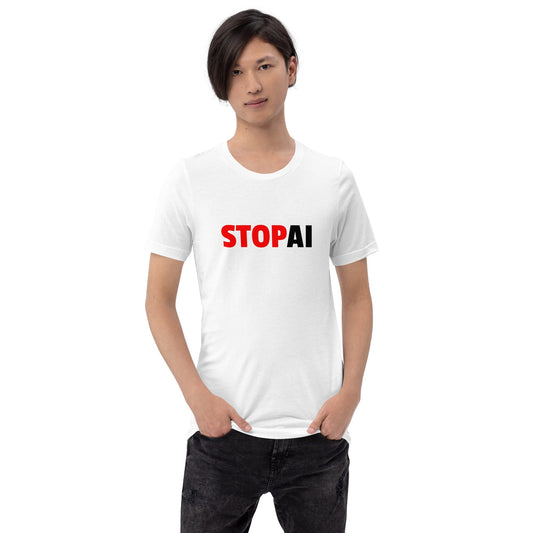 Product mockup photo of the Stop AI T Shirt 4 (unisex).