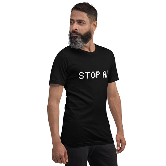 Product mockup photo of the Stop AI T Shirt 5 (unisex).