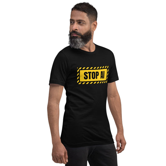 Product mockup photo of the STOP AI Warning T Shirt 2 (unisex).