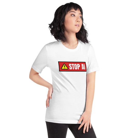 Product mockup photo of the STOP AI Warning T Shirt (unisex).
