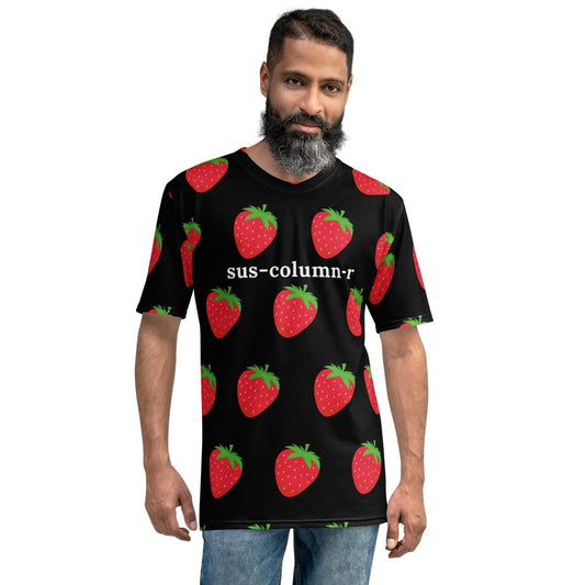 Product mockup photo of the sus column r Strawberries T Shirt (men).