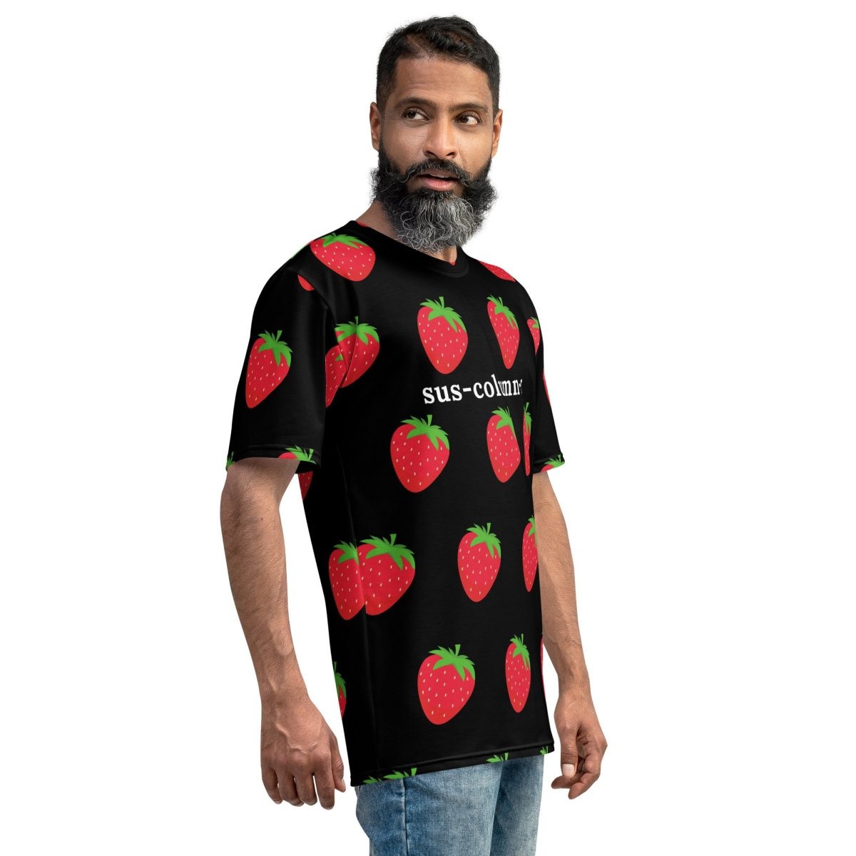 Product mockup photo of the sus column r Strawberries T Shirt (men).