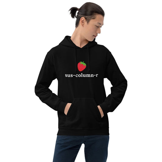 Product mockup photo of the sus column r Strawberry Hoodie (unisex).