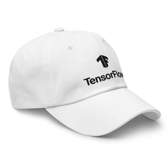 Product mockup photo of the TensorFlow 2 Black Stacked Logo Cap.