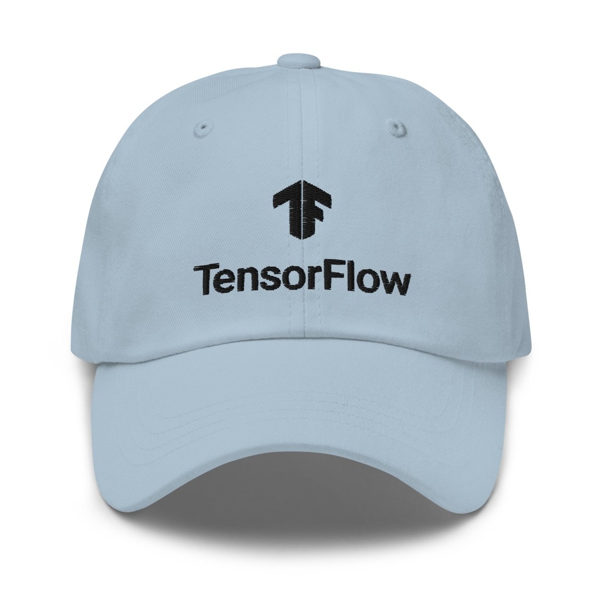 Image of the TensorFlow 2 Black Stacked Logo Cap Light Blue.