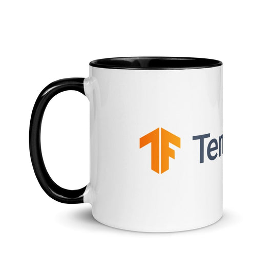 Product mockup photo of the TensorFlow 2 Logo Mug with Color Inside.