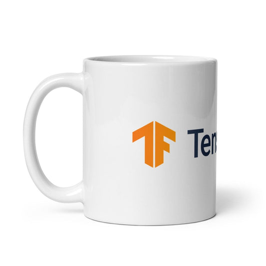 Product mockup photo of the TensorFlow 2 Logo White Glossy Mug.