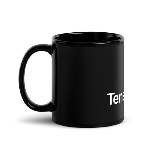 Image of the TensorFlow 2 White Stacked Logo Black Glossy Mug.
