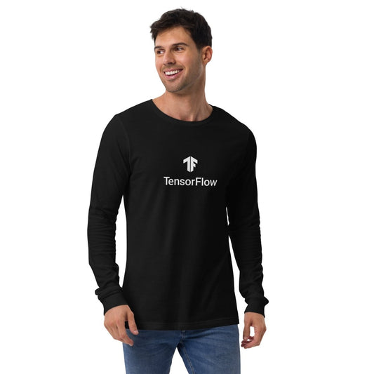 Product mockup photo of the TensorFlow 2 White Stacked Logo Long Sleeve T Shirt (unisex).