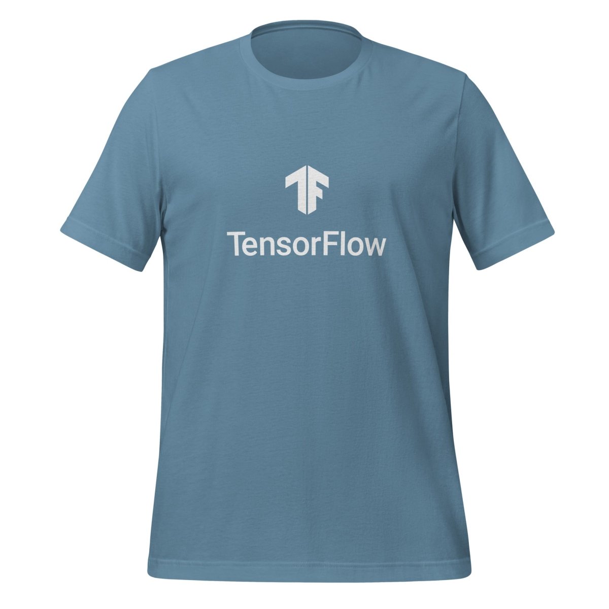 Product mockup photo of the TensorFlow 2 White Stacked Logo T Shirt (unisex) Steel Blue / M.