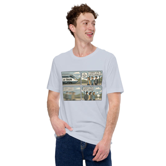 Product mockup photo of the The AI Train is Coming... Gone T Shirt (unisex).