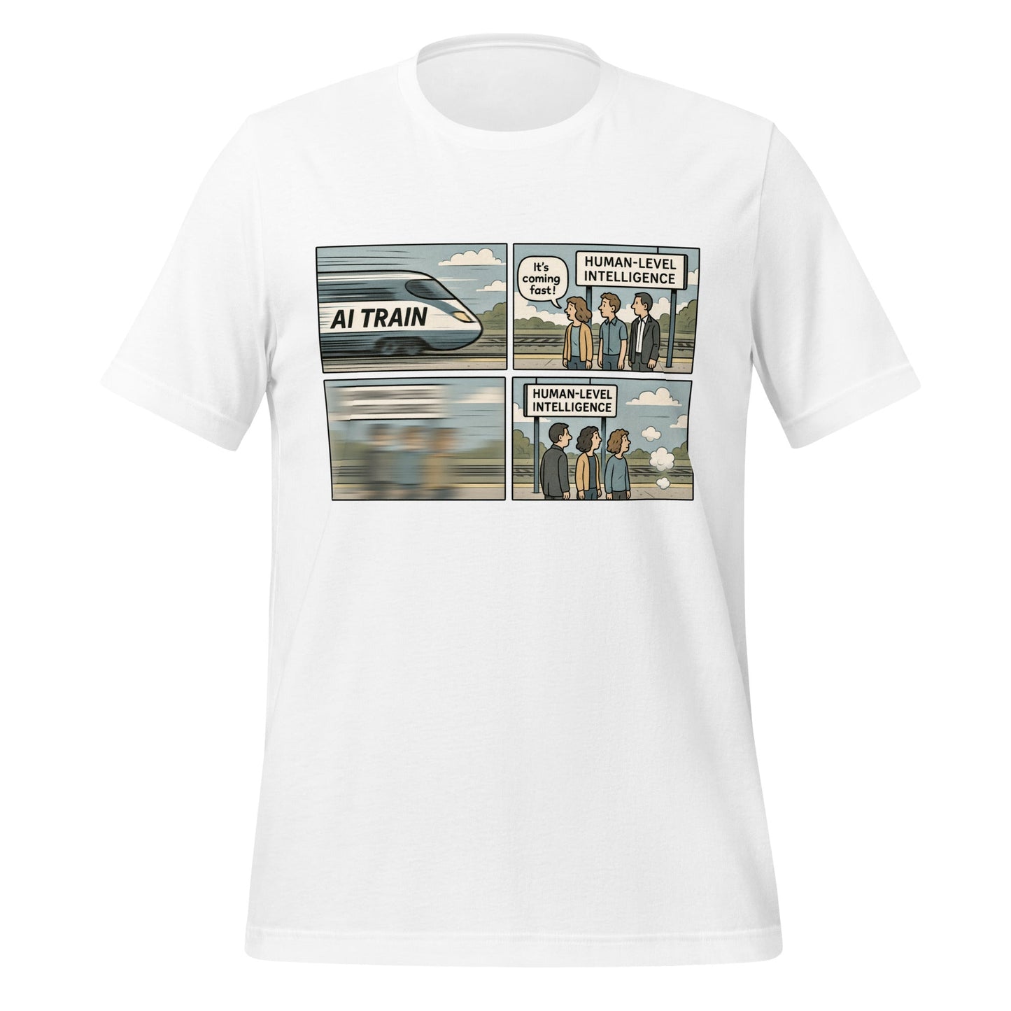 Product mockup photo of the The AI Train is Coming... Gone T Shirt (unisex) White / M.