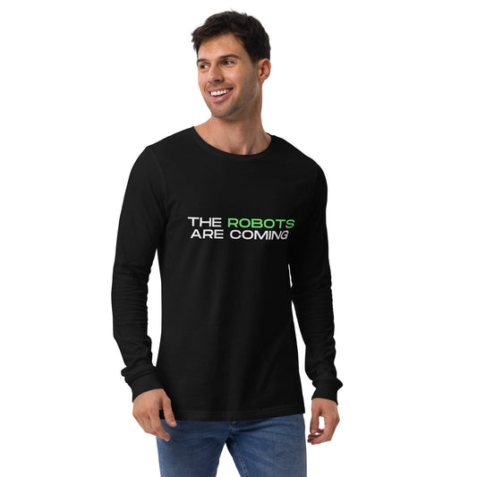 Product mockup photo of the The Robots Are Coming (Green) Long Sleeve T Shirt 3 (unisex).