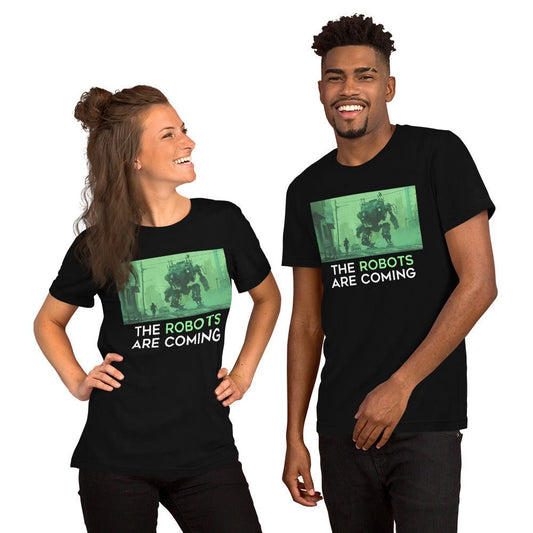 Product mockup photo of the The Robots Are Coming (Green) T Shirt 1.1 (unisex).