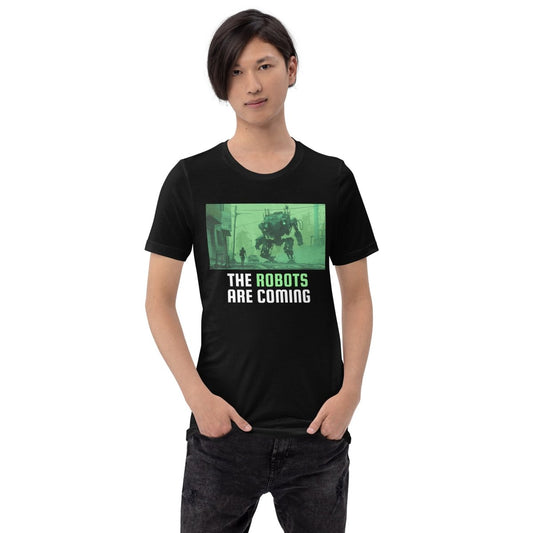 Product mockup photo of the The Robots Are Coming (Green) T Shirt 2.1 (unisex).